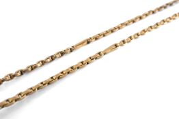 9CT GOLD GUARD CHAIN, box-links with interspersed long-links, running lobster claw, 148cms long,