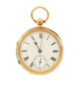 VICTORIAN 18CT GOLD OPEN FACED POCKET WATCH, Chester 1888, key wind lever movement, white enamel