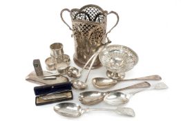 GROUP OF ASSORTED SILVER including pierced bottle coaster, twin handles, turned wooden base, set