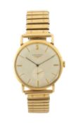 LONGINES YELLOW METAL DRESS WATCH, circular dial with baton hour markers, subsidiary seconds dial,