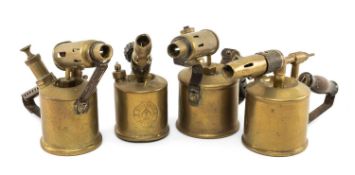 FOUR VINTAGE BRASS BLOWLAMPS, two John Shaw & Sons 'Governor', one stamped 'Petrol', the other '
