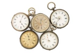 FIVE SWISS SILVER KEYWIND LADIES' FOB WATCHES, c. 1900, all open faced lever movements, with
