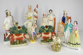 ASSORTED VICTORIAN STAFFORDSHIRE POTTERY FIGURES including 'Queen and King of Sardinia', 'Prince and