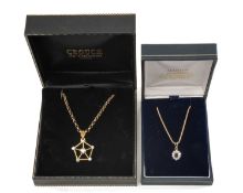 DIAMOND PENTAGONAL PENDANT & CHAIN, set with five small old European cut diamonds at the apexes