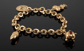 18CT ITALIAN GOLD CHARM BLACELET, square section oval links with cartoon character, acorn, nobbled