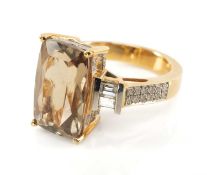 18CT ZULTANITE & DIAMOND RING, rectangular radiant cut stone 14.8 x 10mm, with 4 baguette and 42