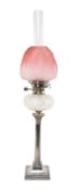 VICTORIAN ELECTOPLATED & CUT GLASS OIL LAMP, converted from a candlestick with later cranberry glass