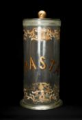 ANTIQUE GLASS PASTA JAR & COVER, gilt and white acanthus decoration and lettering, 38cms (h)