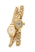 9CT GOLD LADIES WRISTWATCH, the dial marked 'Winegartens London E. C. 2', 9ct gold brick link