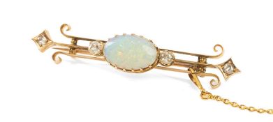 AUSTRALIAN GOLD OPAL & DIAMOND BROOCH, signed T. Gaunt (Melbourne), triple bar set with oval opal