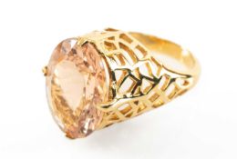 18CT MORGANITE RING, oval cut stone 18 x 13mm in high openwork setting, 11.3g Provenance: private