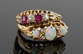 TWO 18CT GOLD RINGS, one set with three oval opals divided by four small diamonds, the other with