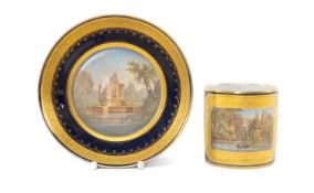 SEVRES-STYLE PORCELAIN CABINET CUP & STAND, probably Limoges, both painted with titled views 'Tour