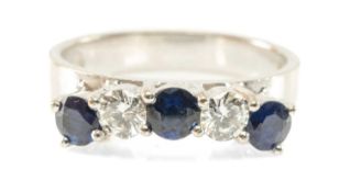 18K WHITE GOLD FIVE STONE SAPPHIRE & DIAMOND RING, stamped '18K' and '750', ring size K, 4.9gms