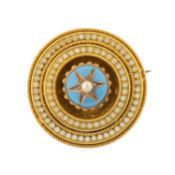 VICTORIAN YELLOW METAL SEED PEARL & ENAMEL TARGET / SHIELD BROOCH, of circular and domed form, 9.