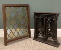 STAINED & LEADED GLASS PANEL in wooden frame, 69 x 52cms and Gothic/medieval effect floor standing