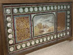 INTERESTING VINTAGE LEADED & STAINED GLASS PANEL with central painted lakeside scene, in timber