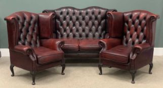 CHESTERFIELD STYLE OXBLOOD RED LEATHER/LEATHER EFFECT THREE PIECE SUITE, winged button back two-