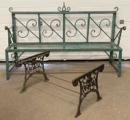WROUGHT IRON FOUR-SEATER BENCH, 100 (h) x 165 (w) x 44cms (d) and cast iron table frame, 43 (h) x 87