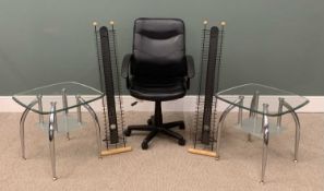 PAIR OF MODERN CHROME & GLASS SIDE TABLES, 51 (h) x 55 (w) x 55cms (d), office chair etc.