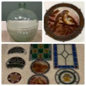 GLASS INCLUDING VINTAGE CARBOY, 53 (h) x 45cms (diam.) and selection of stained glass panels, 40 x
