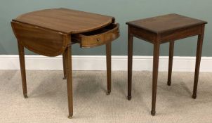 REPRODUCTION MAHOGANY PEMBROKE TABLE on tapered supports and with cross banding, 74 (h) x 61/102 (w)