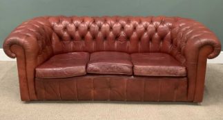 CHESTERFIELD SOFA, three-seater in blood red leather/effect, 70 (h) x 198 (w) x 93cms (d)
