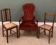 20TH CENTURY SPOON BACK UPHOLSTERED ARMCHAIR, 109 (h) x 68 (w) x 50cms (d) and two parlour type