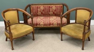 ANTIQUE MAHOGANY SALON SUITE comprising pair of tub type chairs, 81 (h) x 64 (w) x 54cms (d) and