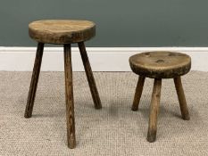 RUSTIC MILKING TYPE TRIPOD STOOLS, 44 (h) x 26cms (diam.) and 30 (h) x 26cms (diam.) (2) Provenance: