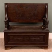 CARVED MONK'S BENCH with box seat and lion handles, 71/101 (h) x 107 (w) x 48cms (d) Provenance: