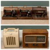 THREE VINTAGE WOOD CASED SINGER SEWING MACHINES, old Ever Ready wireless and Cossor 'Melody Maker'