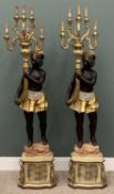 BLACKAMOOR CANDELABRA, reproduction pair converted to standard lamps on pedestal bases, 192cms (