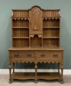20TH CENTURY OAK POT BOARD DRESSER, rack with multiple shelves and central cupboard doors, two
