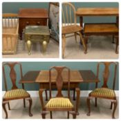 VINTAGE FURNITURE ASSORTMENT including draw leaf table, slat back chairs, brass footman, Ercol chair