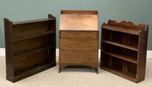 EDWARDIAN MAHOGANY BUREAU, 107 (h) x 69 (w) x 43cms (d) and two similar era mahogany bookcases,