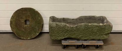 GARDEN OBLONG STONEWARE TROUGH/PLANTER, 28 (h) x 90 (w) x 40cms (d) and old grinding stone, 10 (h) x