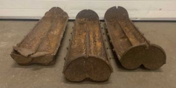 THREE AGRICULTURAL CAST IRON FEEDING TROUGHS, two troughs 25 (h) x 96 (w) x 30cms (d) and one trough