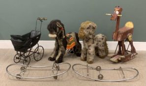 VICTORIAN DOLLS PRAM, TWO ROCKING/WHEEL HORSES & 'RIDE-ON' STILT HORSE Provenance: private
