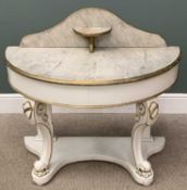 MARBLE TOP & BACKED HALF MOON WASHSTAND, painted in white and gilt, 96 (h) x 105 (w) x 52cms (d)