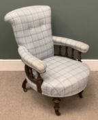 EDWARDIAN TUB TYPE OPEN ARMCHAIR with high back and later checked upholstery, 93 (h) x 64 (w) x