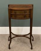 ANTIQUE TYPE MAHOGANY TWO DRAWER SIDE TABLE having shaped front and crinoline type stretcher, 73 (h)