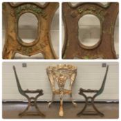 VINTAGE CAST IRON BENCH ENDS, 76 x 40cms and white painted cast iron pub table type base Provenance: