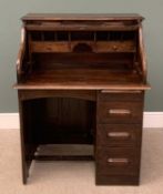 POLISHED OAK ROLL TOP DESK with fitted interior, on twin pedestals, 120 (h) x 92 (w) x 62cms (d)