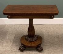 VICTORIAN MAHOGANY FOLD OVER TEA TABLE, on scroll supports, 73 (h) x 91 (w) x 45.5cms (d)