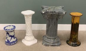 FOUR JARDINIÈRE STANDS to include large Corinthian columned plaster example, 76cms (h), 60cms top