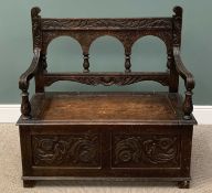OAK CARVED BOX SEAT SETTLE circa 1900, 107 (h) x 105 (w) x 48cms (d) Provenance: private