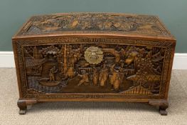 HEAVILY CARVED CHINESE CAMPHORWOOD CHEST having dome top, 63 (h) x 111 (w) x 55cms (d) Provenance:
