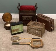 GROUP OF VARIOUS VINTAGE FURNISHINGS including wooden birdcages (2), footstool, tennis rackets,