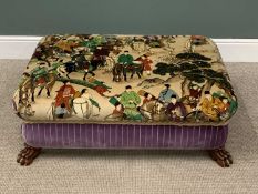 FINE LARGE POUFFE/FOOTSTOOL, with Oriental upholstered scene and good claw feet, 38 (h) x 100 (w)
